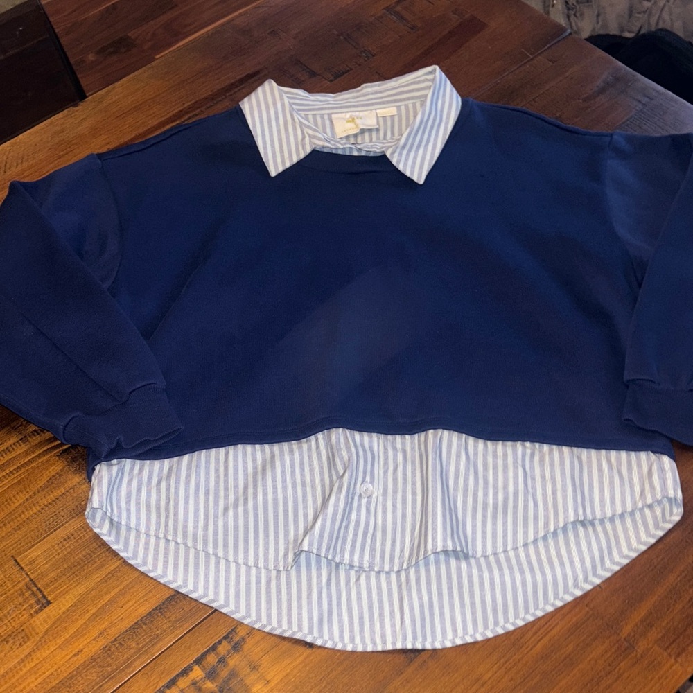 Maeve Navy Blue Pullover with Light Blue Striped Shirt Detail